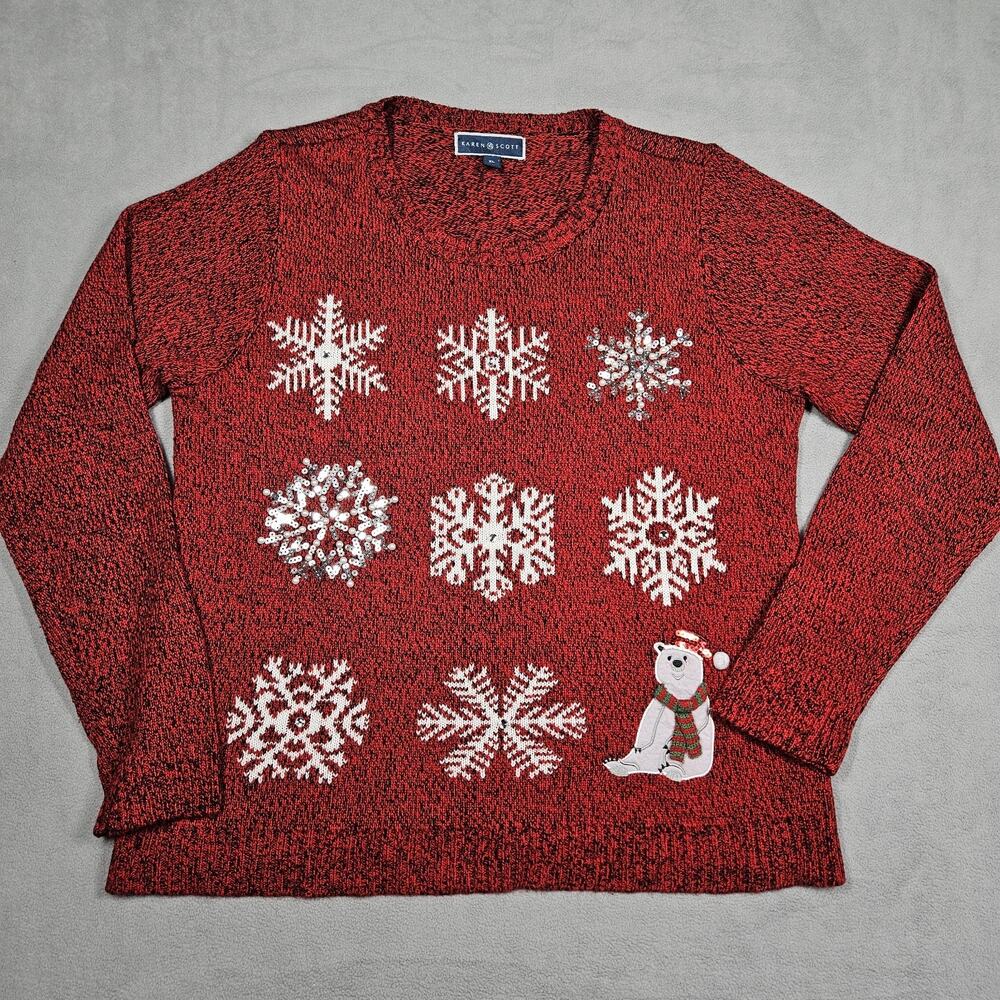 Karen Scott Sweater Womens XL Snowflake Holiday Sequin Winter Christmas Bear Red
